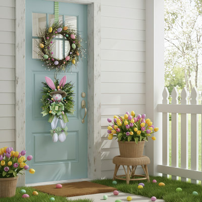 Easter Front Door Wreath 29.5 inches Cute Bunny Shaped Floral Decoration Spring Decor Indoor Outdoor Front Door Porch Wall Decoration