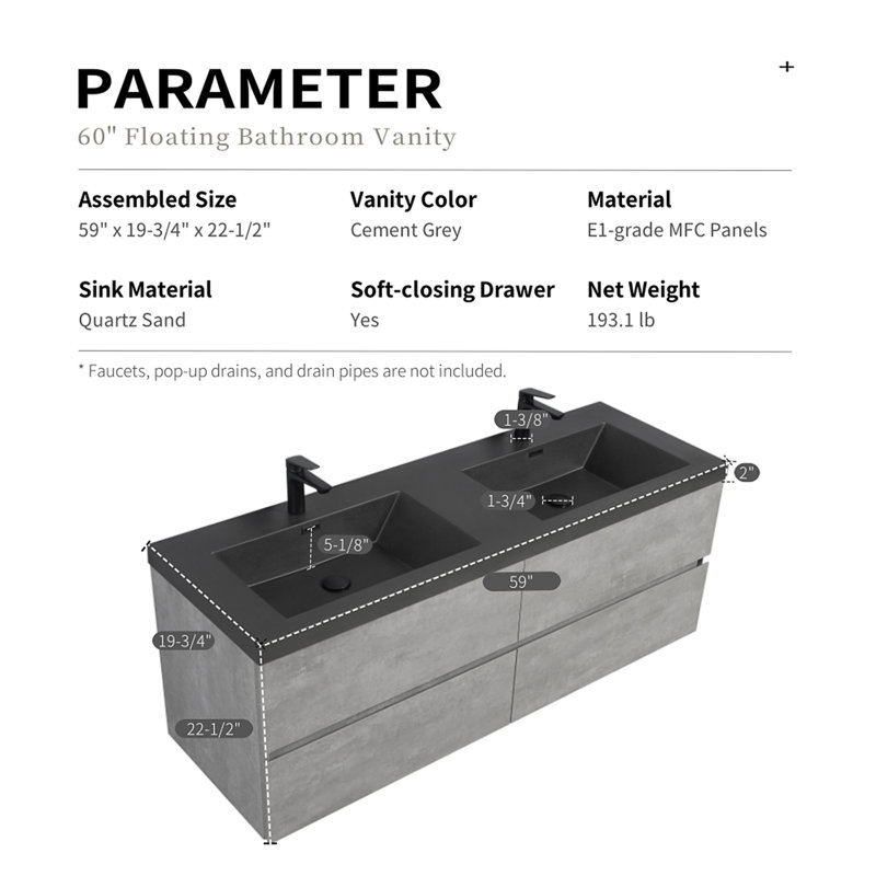 Meuble-lavabo flottant 60 po avec lavabo, 60"