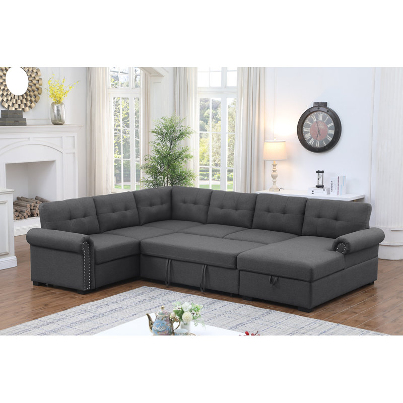 Nazlije Upholstered Pull-Out Sleeper Sectional Chaise with Storage, Dark Gray Polyester