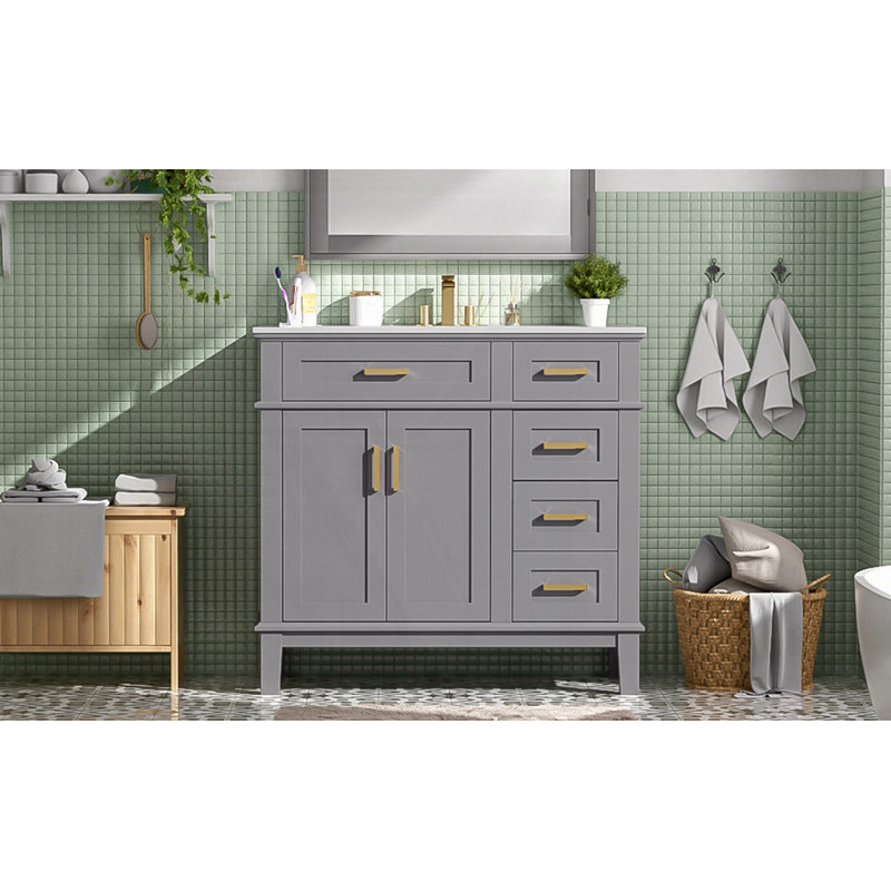 Meuble-lavabo 36 po avec lavabo en céramique, Gris, Doré
