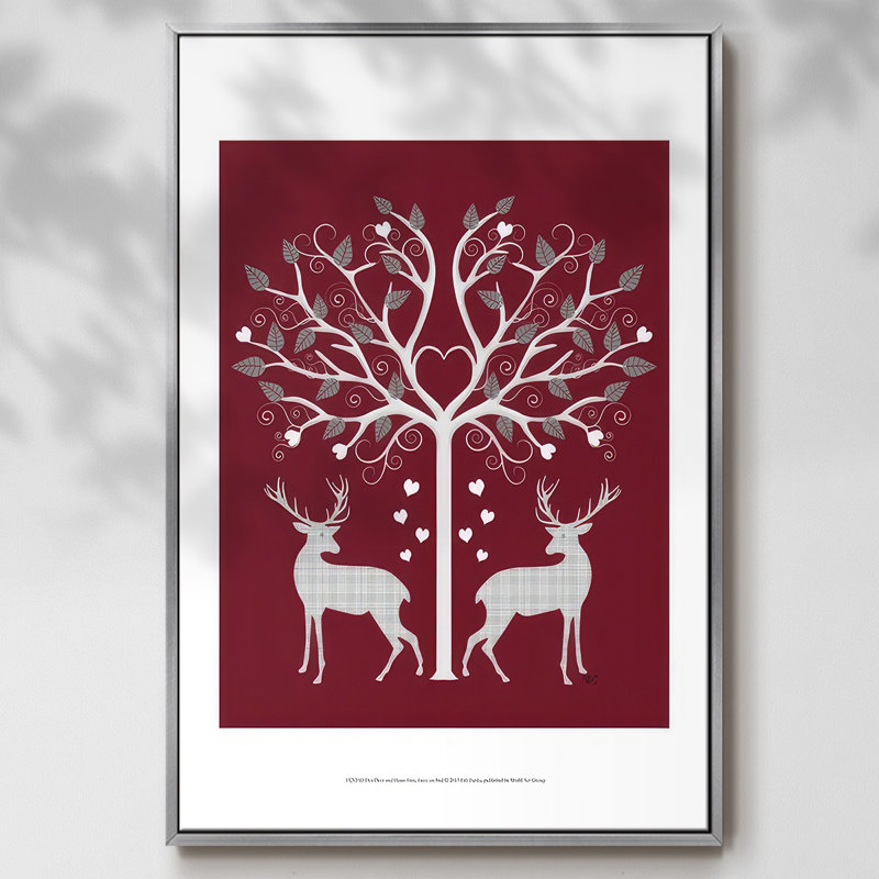Christmas Des - Deer and Heart Tree, gris sur fond rouge, reproduction sur toile, H 25 po x l 17 po x P 1,5 po, Argent