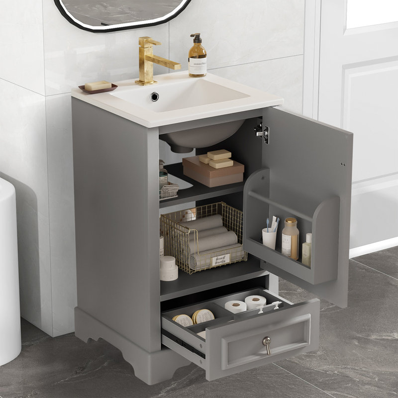 Meuble-lavabo de 20 po avec lavabo en céramique, porte à fermeture en douceur, tablette ajustable en forme de U, Gris/argent