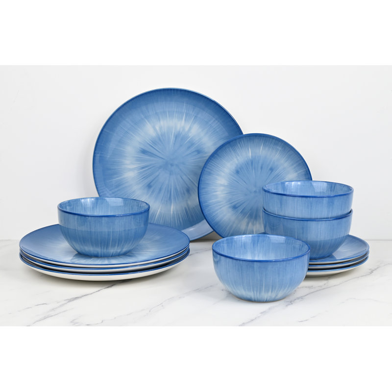 Waterside 12pc Reactive Glaze Porcelain Dinner Set, Blue
