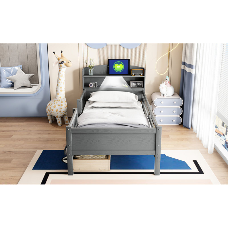 Lit simple en bois avec lampe à DEL intégrée, tête de lit polyvalente, garde-corps et 2 tiroirs de rangement à plateforme simple gris, finition pratique