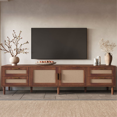 Meuble télé 78 po pour téléviseur de 85 po ou moins, console multimédia avec 4 tiroirs, pieds en bois massif, charnières à fermeture douce, pour salon, meuble audio-vidéo moderne