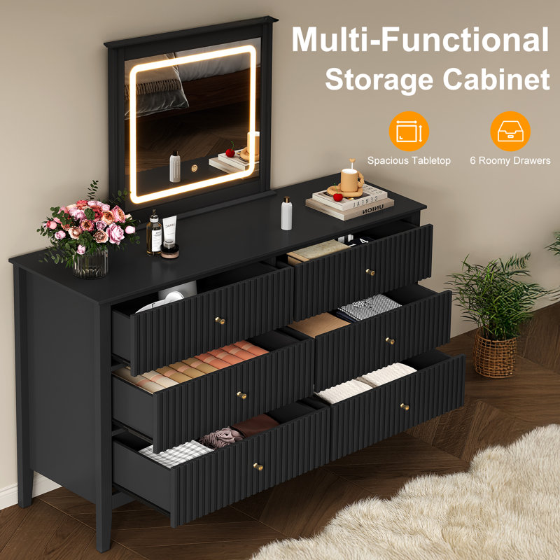6 Drawer Dresser With Lighted Mirror, Black