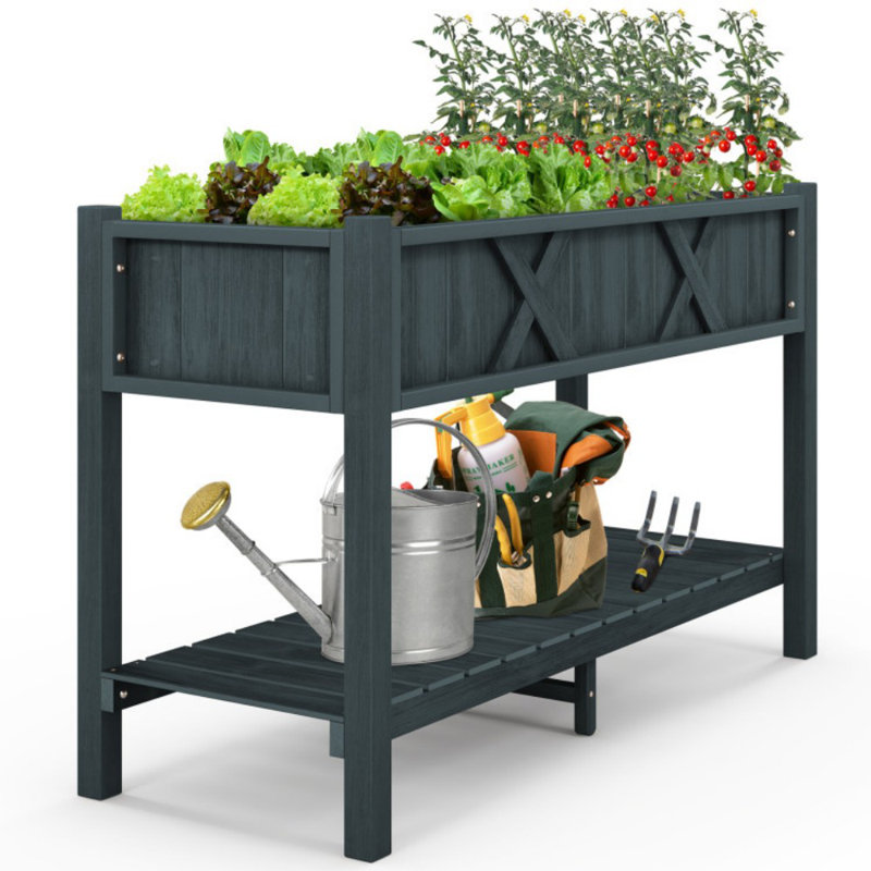 Poly Wood Elevated Planter Box With Legs Storage Shelf Drainage Holes, Black, 29" H x 44" W x 18" D