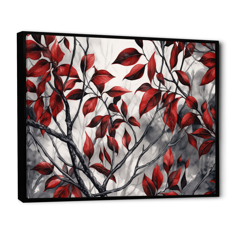 Imprimé de feuilles rouges et grises sur un arbre VI, Cadre flottant noir, H 12 po x l 20 po x P 1 po
