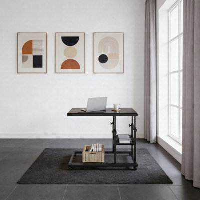 Height Adjustable C-Shaped Mobile Side Table With Tilting Top & Storage