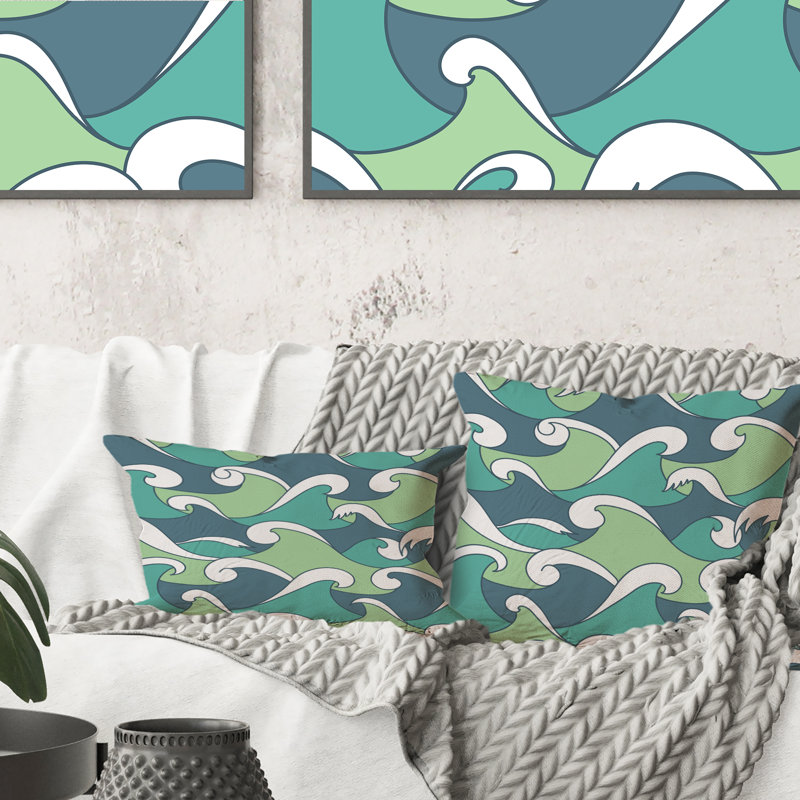 Coussin décoratif à motif de vagues abstraites vertes et bleues, 18 po x 18 po
