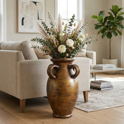 Rustic Terracotta Flower Vase with Handles for Living Room Decor - Modern Accent Tall Table Vase for Home or Office Centerpiece Styling - Gold & Brown