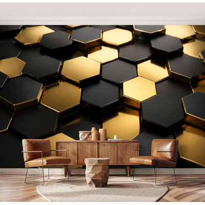 Wall Mural Peel and Stick Wallpaper Abstract black gold 3d hexagons Self-Adhesive Removable Contact Paper Wall Decor for Living Room Bedroom 69"H x 96"W