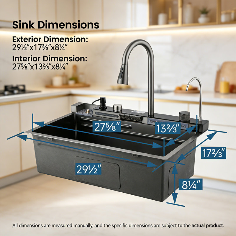 Évier de cuisine 304 à cuve simple en acier inoxydable avec robinet cascade et laveuse à tasses 304, Noir satiné