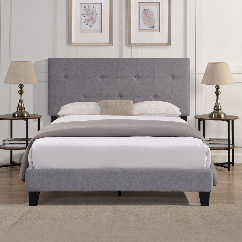 Base de lit tapissier grand format avec tête de lit en lin capitonné, aucun sommier requis, support à lattes de bois