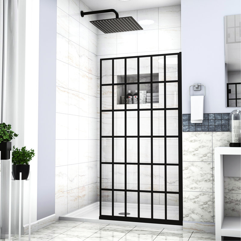 Porte de douche l 34 po x H 72 po en noir mat - panneau simple, entrée ouverte, technologie facile à nettoyer pour salle de bain en verre trempé fixe, mise à niveau élégante