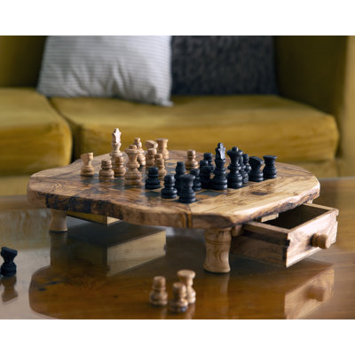 Kamsah Large Olive Wood Chess Set – Handmade Rustic Wooden Chess Board with Unique Pieces