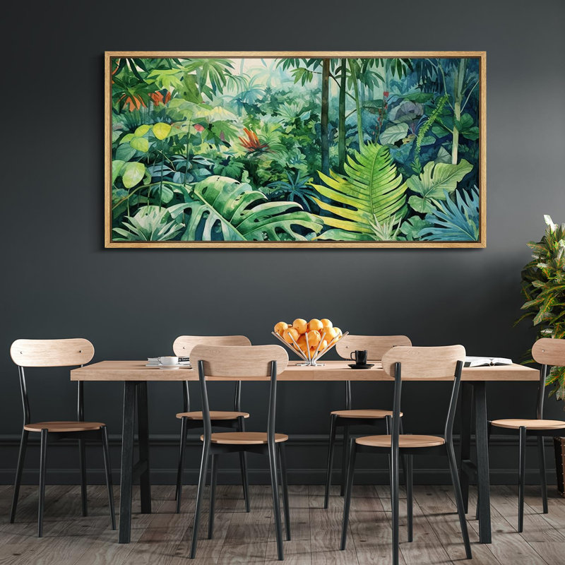 Paysage de jungle dense à l'aquarelle avec faune et flore, H 30 po x l 60 po, Naturel