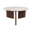 Table basse ronde moderne avec plateau en pierre et surface en marbre avec base en bois sculpturale et silhouette contemporaine pour la disposition de meubles de salon ou de détente