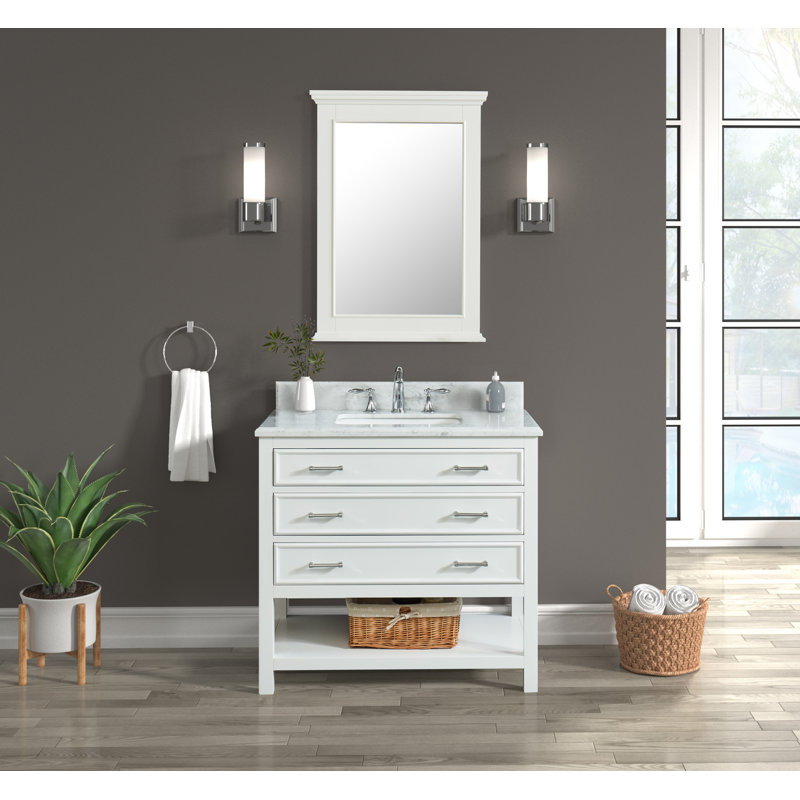 Meuble-lavabo simple 36 po Manhattan avec plateau en marbre de Carrare, pré-assemblé, Blanc, Polished Marble