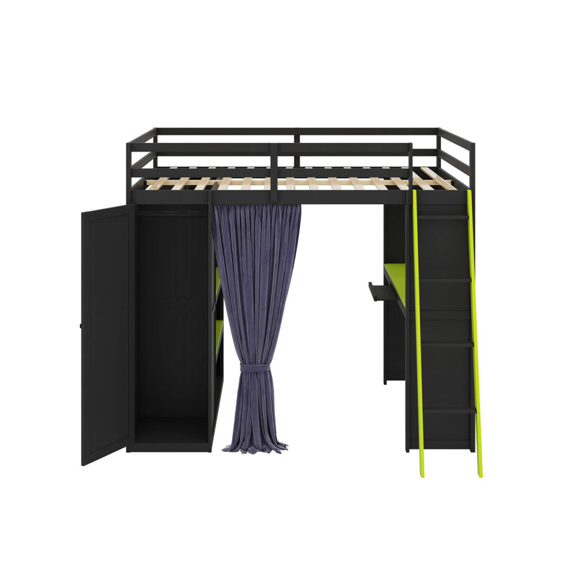 Full Size Loft Bed With,Wardrobe,Shelves,Blackout Curtains,And RGB Lights, Black/Green