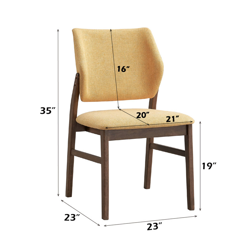 De 2, tissu jaune, finition noyer, chaises d'appoint, siège rembourré, dossier, bois d'hévéa, placage, lin, mousse, poids de 220 lb, largeur de siège, profondeur, hauteur, poids du produit, coussin de dossier, support,