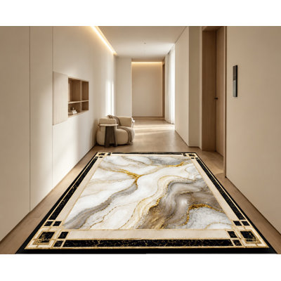 Tapis de sol décoratif en velours antidérapant effet marbre abstrait veiné d'or, idéal pour le salon, la chambre à coucher, le corridor, la salle à manger ou le bureau.