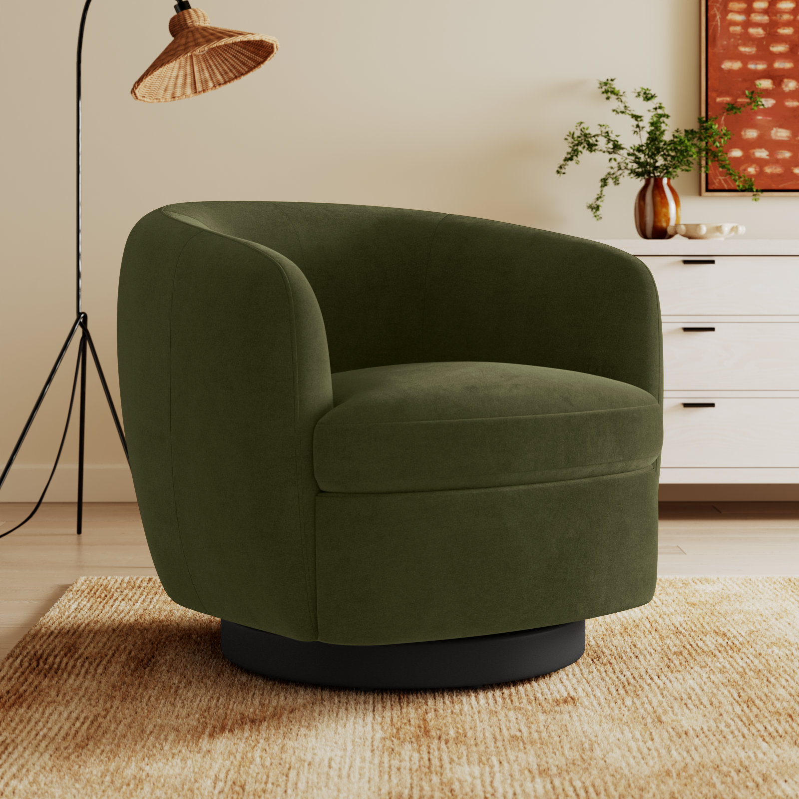 Marcy Swivel Barrel Chair, Bella Forest Performance Velvet