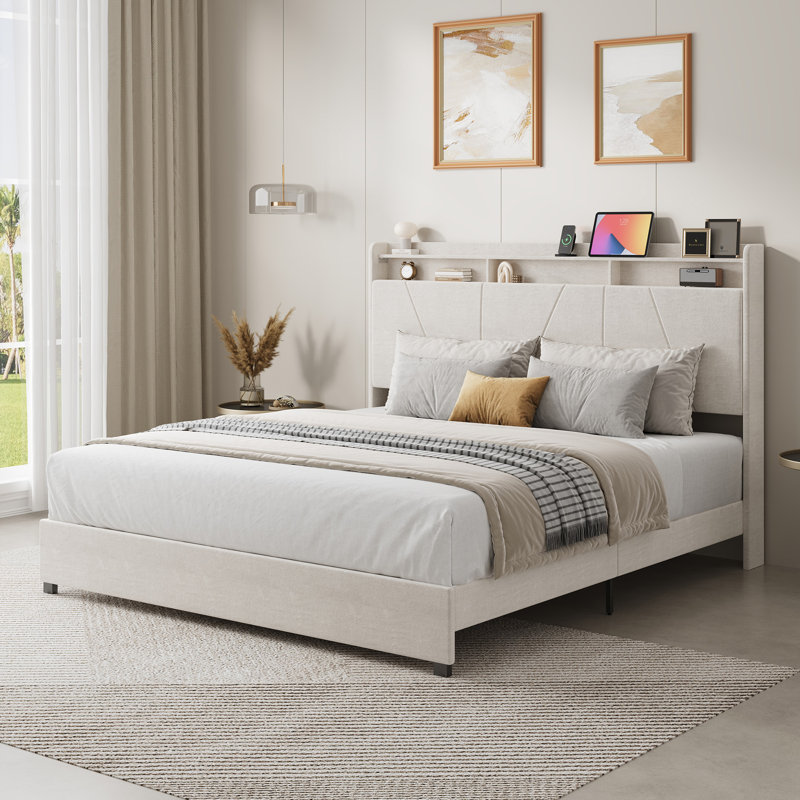 Upholstered Wingback Platform Bed with Padded Headboard and Underbed Storage, Queen