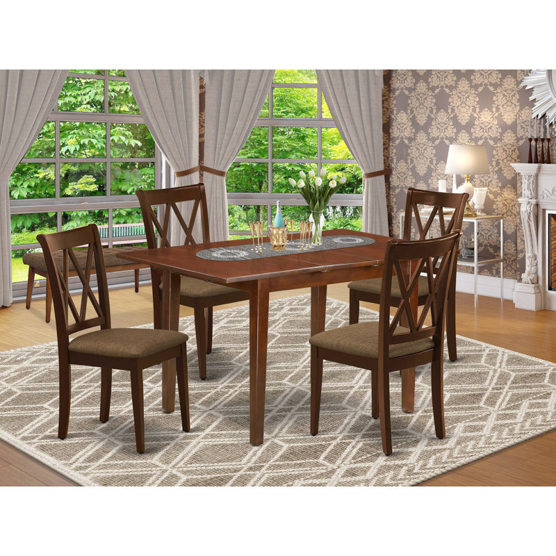 Ensemble de salle à manger moderne de 5 pièces comprenant une table rectangulaire en bois avec rallonge papillon et 4 chaises de salle à manger en lin, 81 x 152 cm, acajou