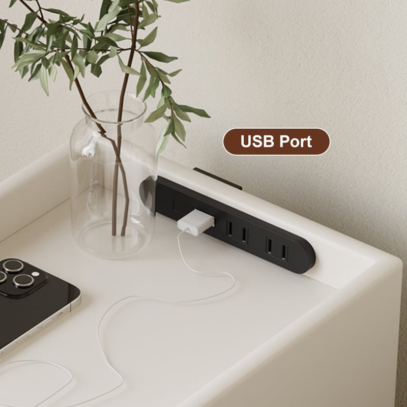 Smart Nightstand Cherry Bedside Table With LED Sensor Light And USB Port, White