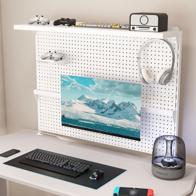 Panneau perforé de bureau avec support pour moniteur Roomfitter, organisateur en acier de 43 x 35 po avec crochets, Blanc