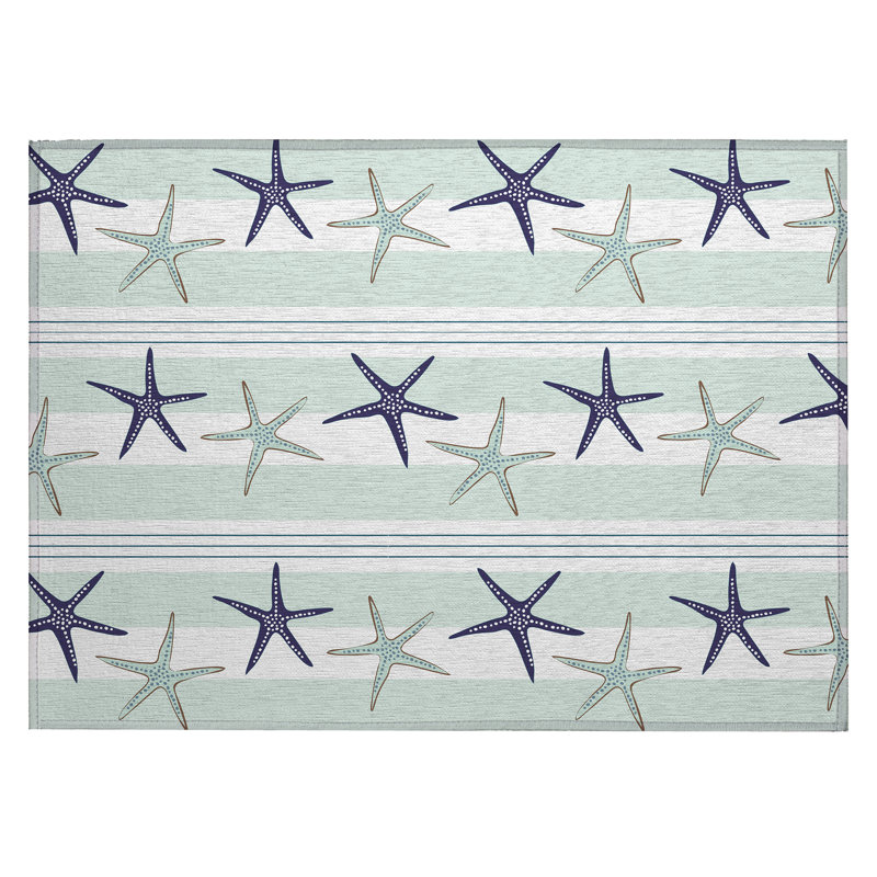 Tapis vert / bleu en polyester tissé à la machine intérieur / extérieur Genata, Rectangle 1 pi 8 po x 2 pi 6 po