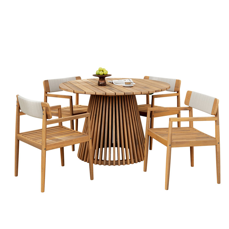 Ensemble de meubles d'extérieur en bois d'acacia 5 pièces, Teck clair / blanc