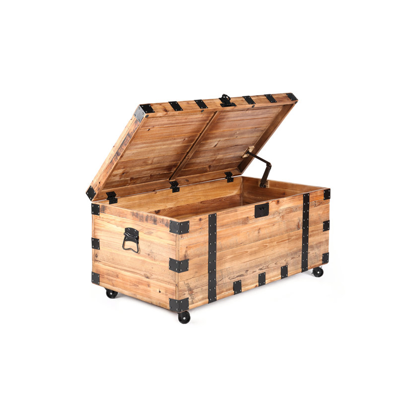 Four Wheeled Trunk Table With Ample Storage, Natural Reclaimed Wood Coffee And Metal, Industrial Vintage Elegance, 41In. Depth, 22In. Width, 20In. Height, 47.4Lb. Weight Wheel For Sufficient Black