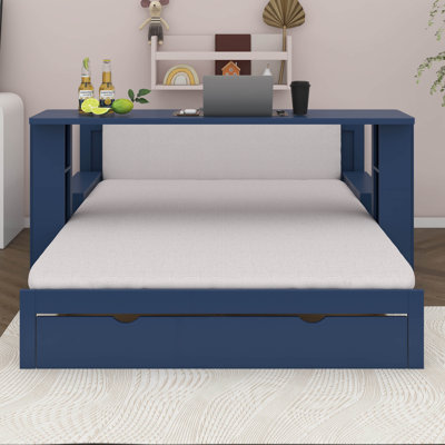 Full Size Corner Bed Frame With Storage Drawers And Removable Desk, Wood Daybed With Hydraulic Side Table For Kids Teens Adults