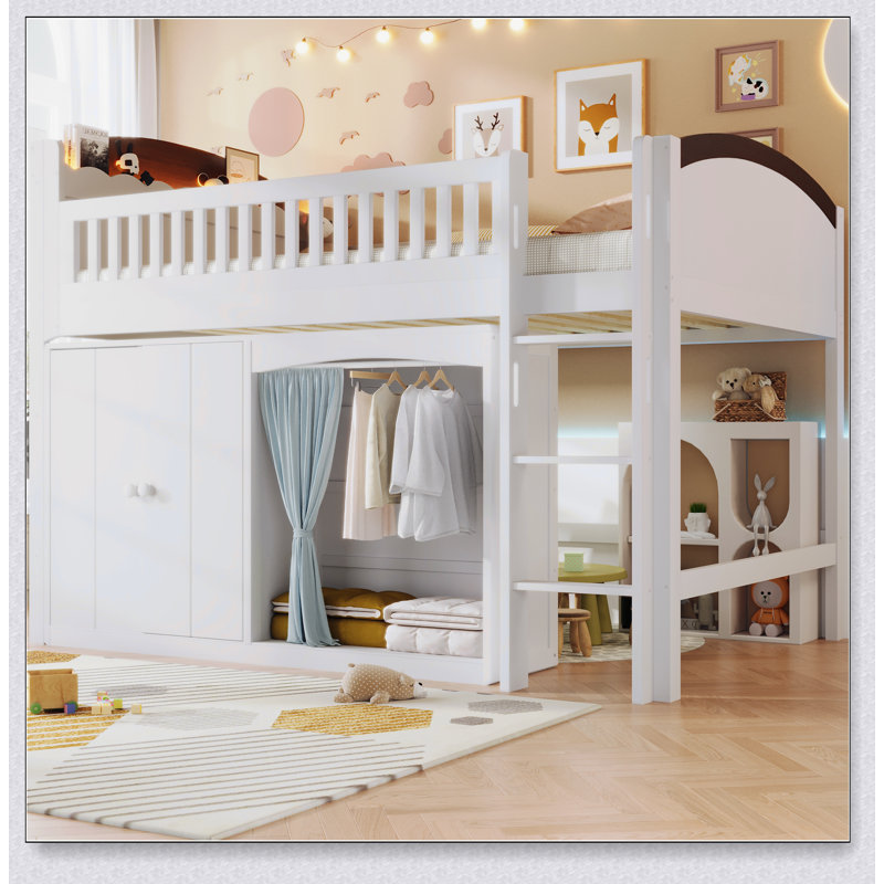Loft Bed With Storage Cabinet, Wardrobe And LED And Espresso, Lit double, Blanc