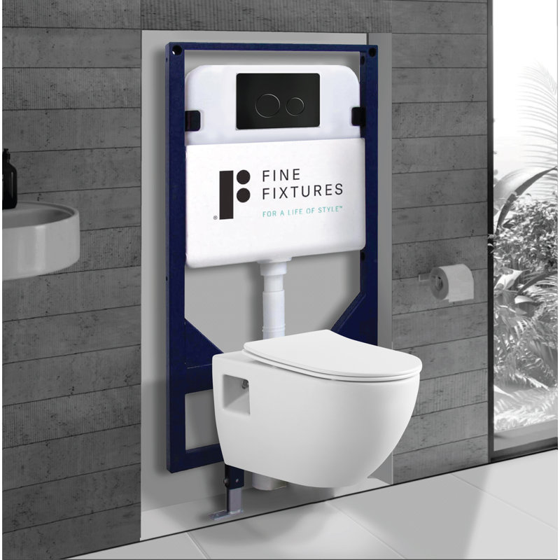 Fine Fixtures Surge Wall Hung White Toilet with Universal In-Wall Tank Carrier and Metal Push Plate, Matte Black