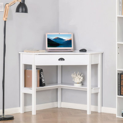 Bureau en coin blanc avec tiroir et tablettes