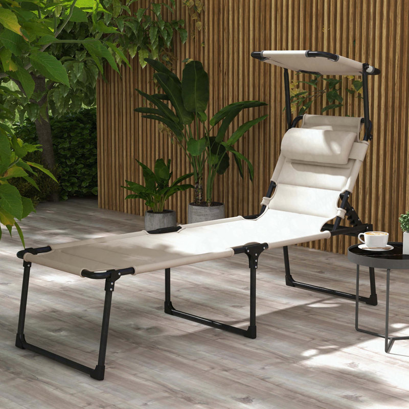 Chaise longue pliante avec dossier réglable et parasol - Blanc crème, Blanc, crème