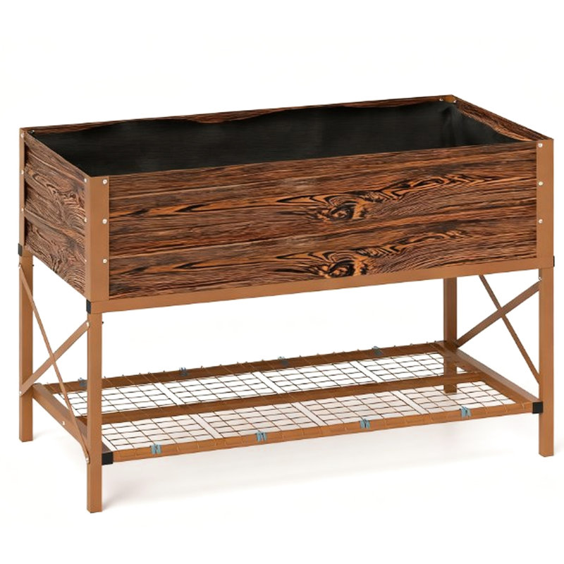 Jardinière galvanisée avec pieds, étagère et sac intérieur perméable à l'air - Capacité de 37 gallons (140 litres) pour le terreau, capacité de 440 lb (200 kg), finition brun foncé, revêtement de plate-bande surélevé, hauteur de travail de 30 pouces (76 cm).