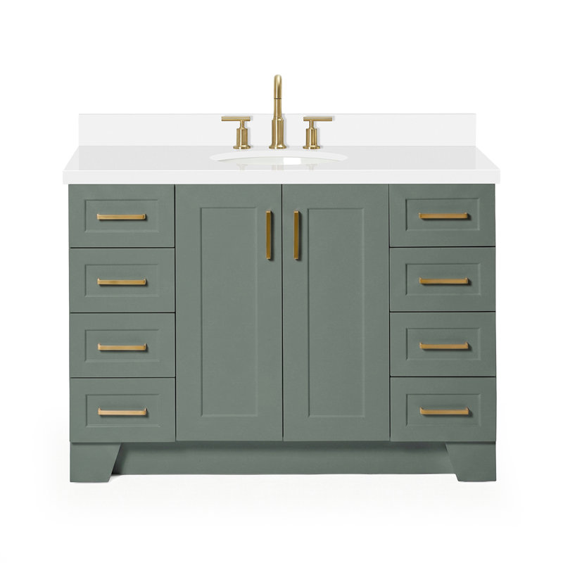 Freitas 48'' Solid Wood Single Bathroom Vanity, Oval, White Quartz, Vintage Green