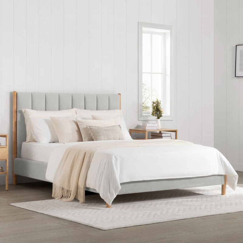 Rezana Solid Wood Boucle Upholstered Headboard Bed Frame, Queen, Light Gray