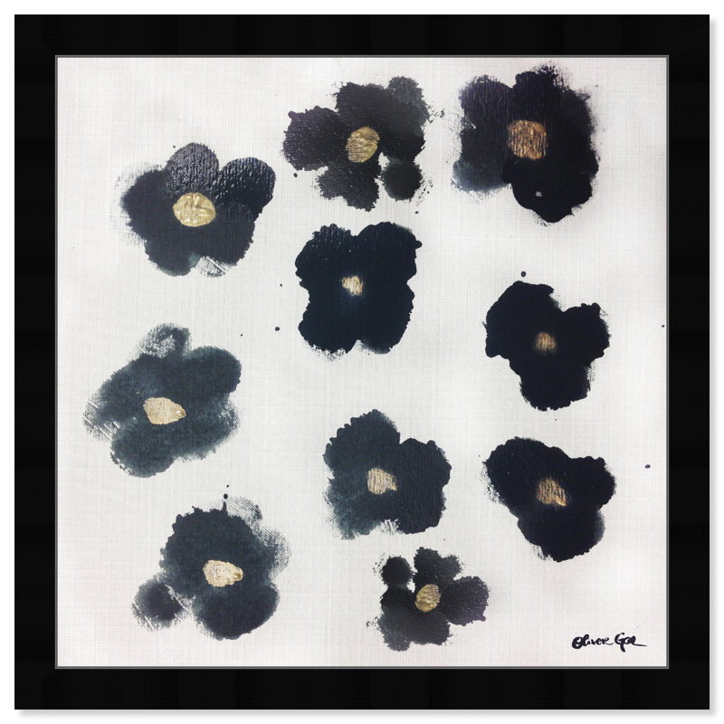 «Blue and Gold Camellias Flowers Glam», art moderne encadré pour le salon, H 32 po x l 32 po, Cadre noir