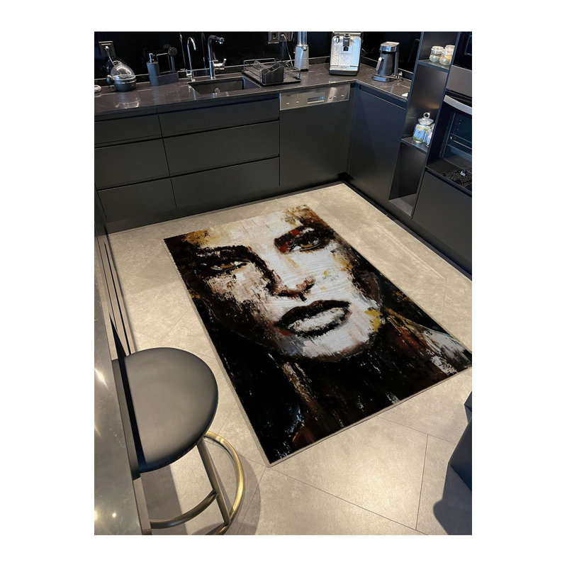 Tapis lavable noir à motif de visage de femme, Sous-tapis carré 3 pi 3 po inclus