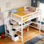 Lit mezzanine double en bois massif avec bureau intégré, tablettes et escalier de rangement-1728892383