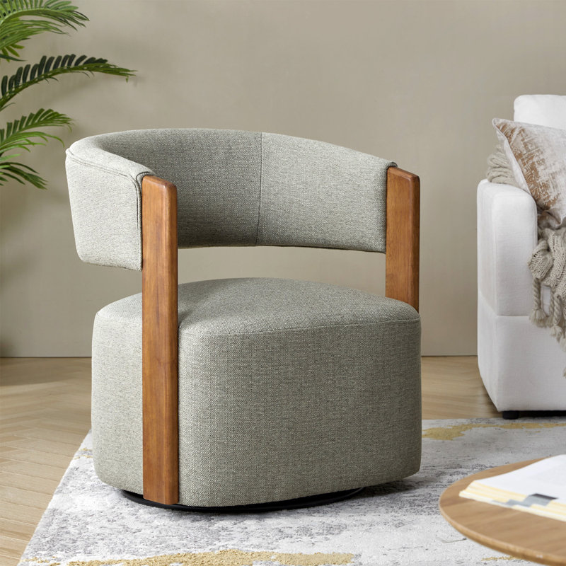 Alke 29.5" W Polyester Swivel Barrel Chair with Solid Wood and Engineered Armrests, Gray Polyester Blend