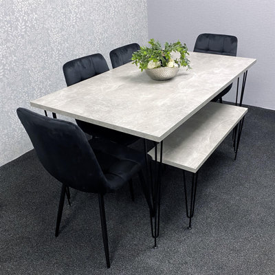 Dining Table with Hairpin Legs, Bench & 4 Velvet Chairs Set