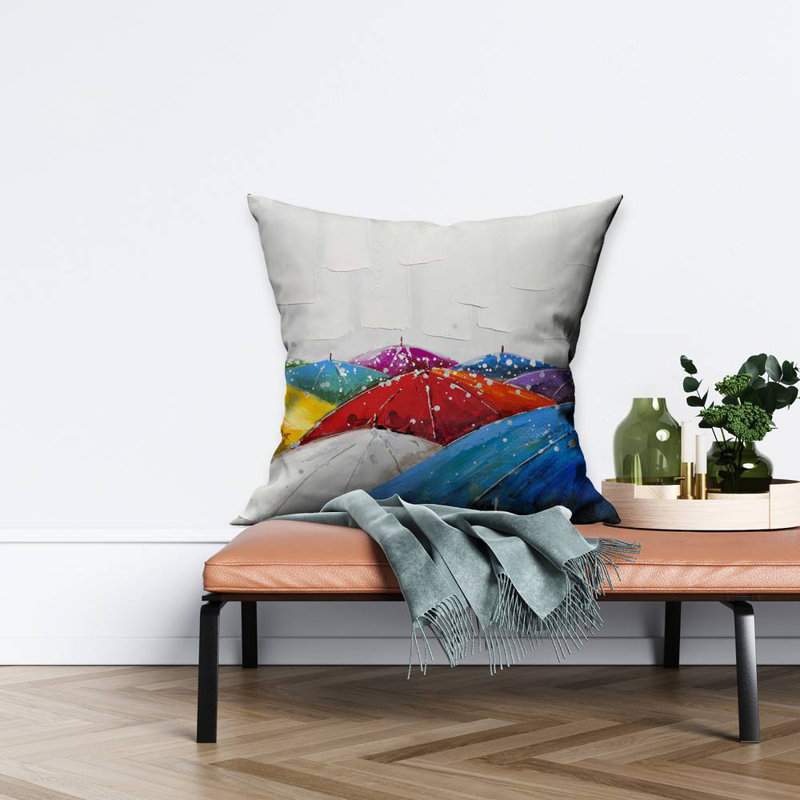 Colorful umbrellas - 26"x26" Throw pillow - Poly twill - Print on demand, White/Blue/Red