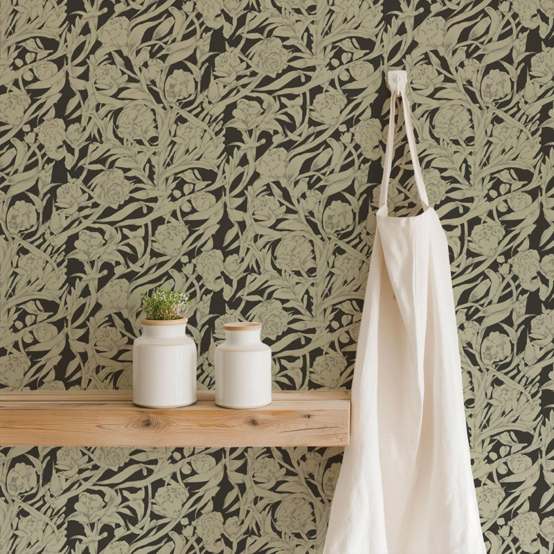 Wandervine - Botanical Wallpaper, Black; Beige, Faux Grasscloth, Non-Pasted