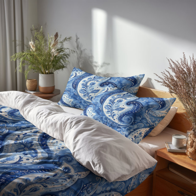 Ensemble de literie moderne 4 pièces - Ensemble d'édredon Blue Paisley Harmony, Édredon grand et 3 pièces supplémentaires